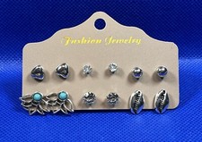 Fashion Boho Festival Glamour Assorted Silver Gem Stud Earring Set Of 6