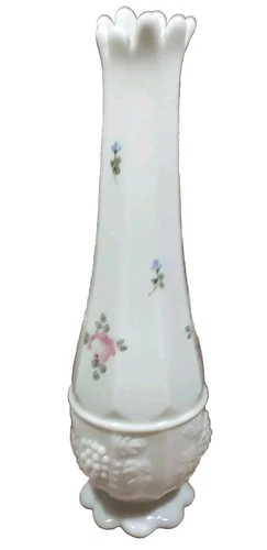 Westmoreland Swung MCM Handcrafted Bud Vase Floral Milk Glass embossed grape Vtg