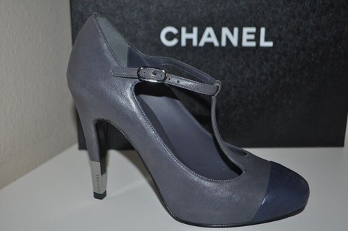 CHANEL Gray Leather Cap Toe Mary Jane TStrap Metal Heel Pumps Shoes Sz39.5 $1095 - Picture 13 of 19