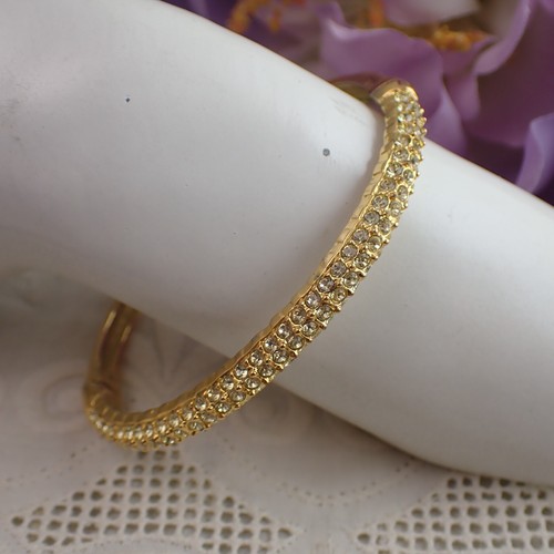 Nolan Miller Pave Clear Crystal Rhinestone Gold Tone 7" Hinged Bangle Bracelet