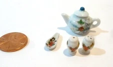 DOLLHOUSE MINIATURE TEAPOT, SALT & PEPPER SHAKER & SPOON REST