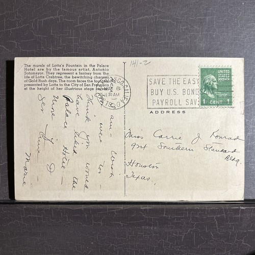Vintage Postcard "Lotta's Fountain, Palace Hotel" San Francisco Gold Rush 1940 - Picture 5 of 6
