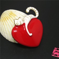 Fashion Women Red Enamel Cute Cat Love Heart Crystal Lady Charm Brooch Pin Gift