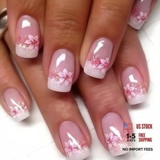 Pink Press on Nails - Short Square Fake Nails with Flower Designs - Colorful-001