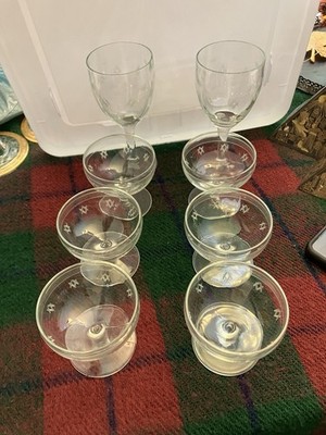 Clear Glass Stemware Set 12pc Etched Geometric Pattern Stemmed Round