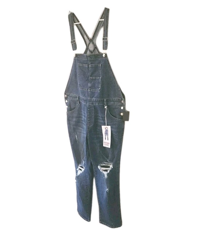 NEW! CELEBRITY PINK SZ XL WOMEN'S  DESTRUCTED STRETCHY DENIM BOYFRIEND OVERALL 