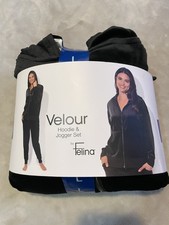 Felina Women's 2-Piece Velour Hoodie Jogger Set, Black, Size L