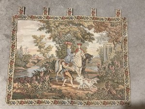 Vintage French Aubusson Jacquard Style Tapestry Hunting Scene Horse Dog