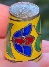 Sterling Silver 925 Enamel Thimble red blue yellow flower vintage