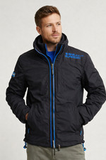 Superdry Original Windcheater Jacket Mens XL Black Blue Hooded Double Zip Coat