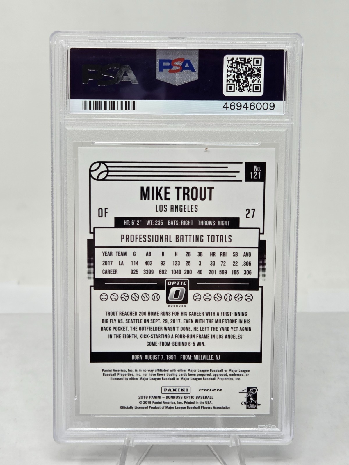 2018 Optic Holo Refractor MIKE TROUT CARD PSA 9 MINT view 2