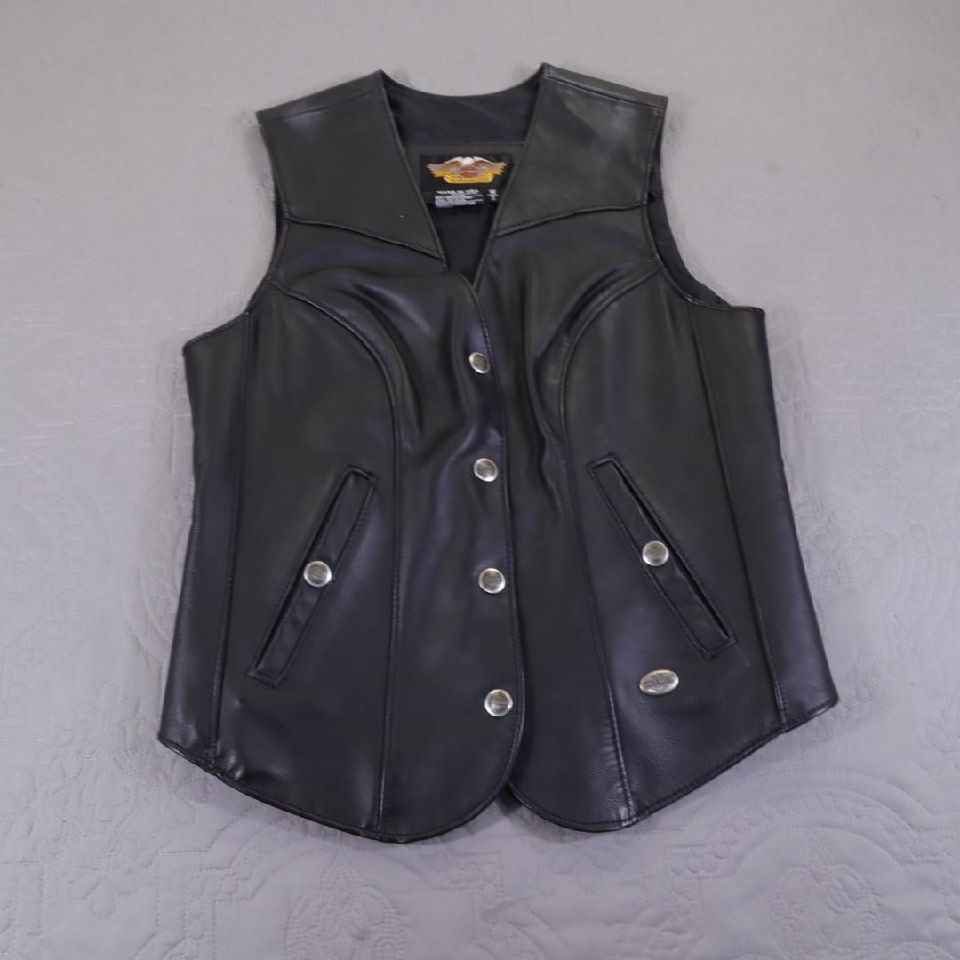 Harley-Davidson Vest Womens Small Black Leather Snap Front Made in USA Biker