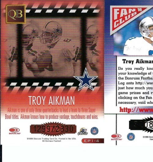 Troy Aikman 1999 Donruss EXECUTIVE PRODUCERS /2330 Cowboys HOF - Image 2 of 2