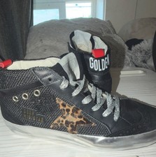 Golden Goose Mid Star Sneaker Dark Blue Leather Glitter Star Leopard Lace-Up 6.5