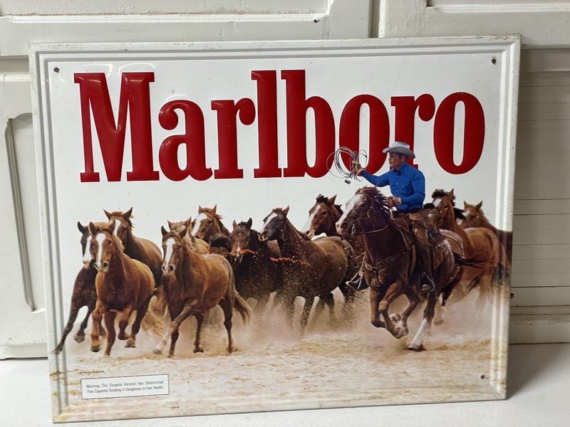 VTG Marlboro Sign Tin Metal  Embossed Cowboy Horses 1984 Authentic 22x17.5 Barn