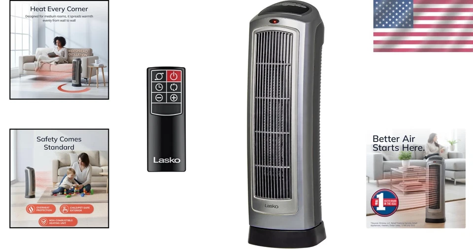 Quiet Tower Heater, Adjustable Thermostat, Remote Control - Image 2 of 4
