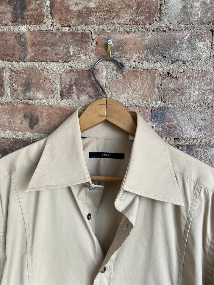 Vintage Gucci Men's Shirt, Sz 15.5/39 L, Khaki Stretch Italy - Image 4 of 4
