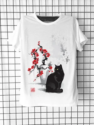 Tee-shirt Chat noir et Sakuras roses Culture Japon Encre Calligraphie japonaise - Photo 1/4