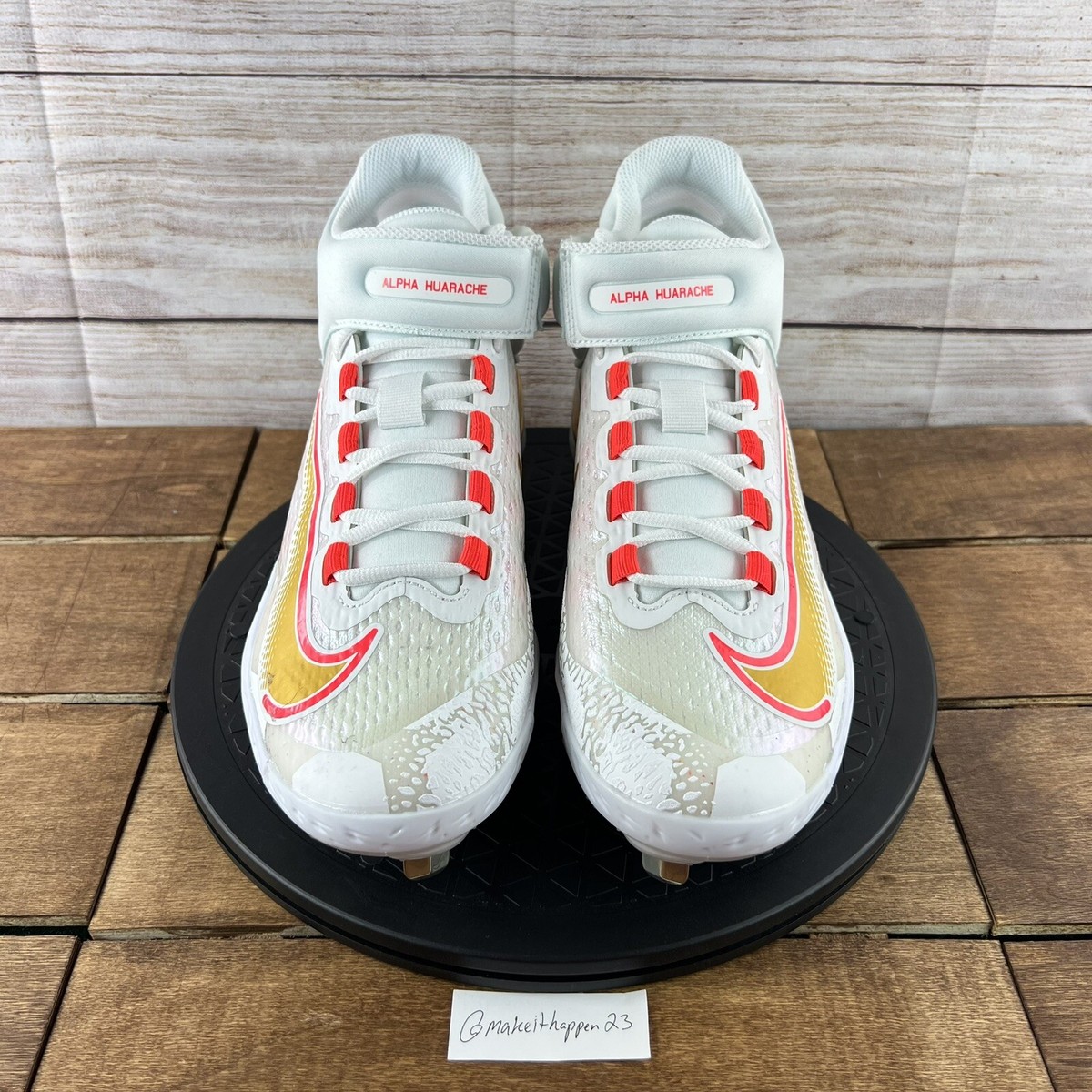 Nike Alpha Huarache Elite 4 Metal Cleats White Gold Red