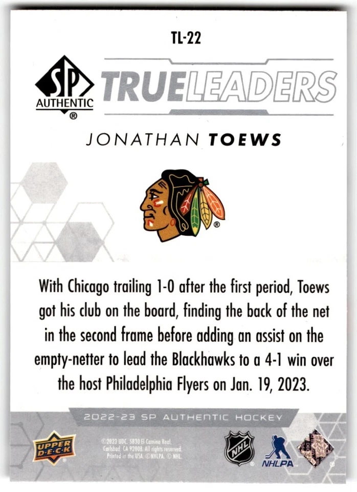 2022-23 SP Authentic True Leaders Jonathan Toews #TL-22 Chicago Blackhawks - Image 2 of 2