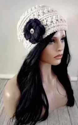 crochet womans handmade flower hat beanie black aran cream puffs USA made