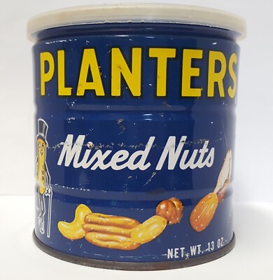Planters Mixed Nuts Metal Can Plastic Lid Mr Peanut 13oz EMPTY Vtg