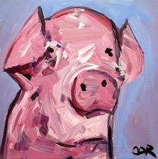 CORBELLIC EXPRESSIONISM 12X12 PINK PIG HANDMADE SIGNED COLORFUL ART PAINTING