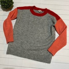 Loft Red Orange Gray Knit Color Block Crew Beck Sweater Women  s Size XS