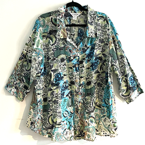 Citron Santa Monica Vtg 2X Button Front Top Woven Botanical Printed Flowy Casual