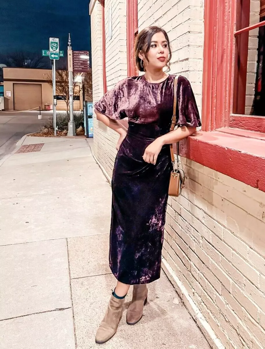ZARA Dark Plum Burgundy Velvet Midi Dress Size S Bloggers Holiday