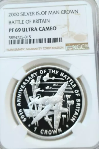 2000 ISLE OF MAN SILVER CROWN BATTLE OF BRITAIN NGC PF NGC PF 69 ULTRA CAMEO