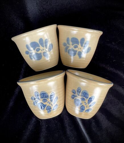 Set of 4 Pfaltzgraff Folk Art Custard Cups Vintage 2 3/4 in. tall Blue Tan USA - Picture 2 of 24