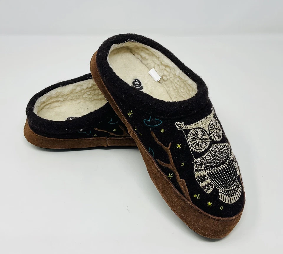 Acorn Forest 骡子拖鞋刺绣猫头鹰柏柏尔内衬棕色女式 5-6 码 — 第 4/4 张图片