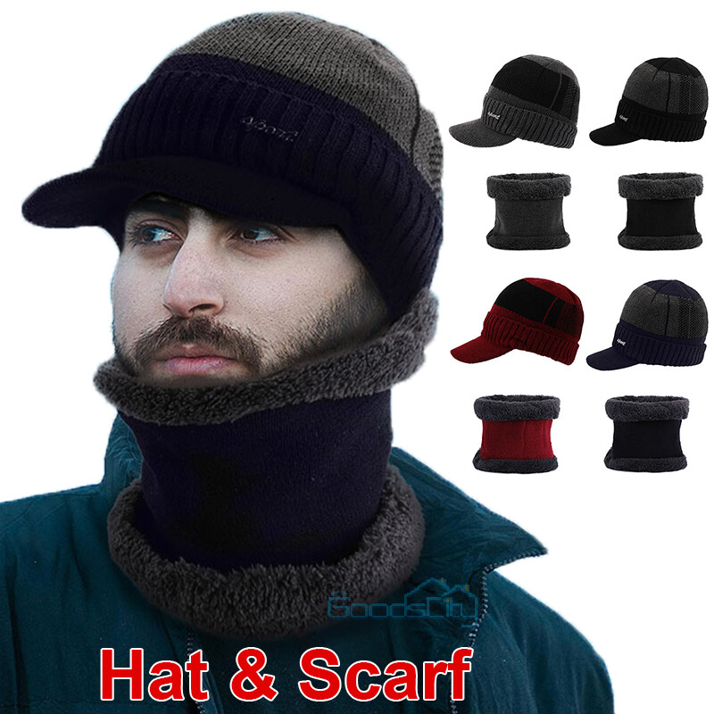 Mens Hat Knit Visor Beanie Winter Warm Billed Beanie with Brim Cap