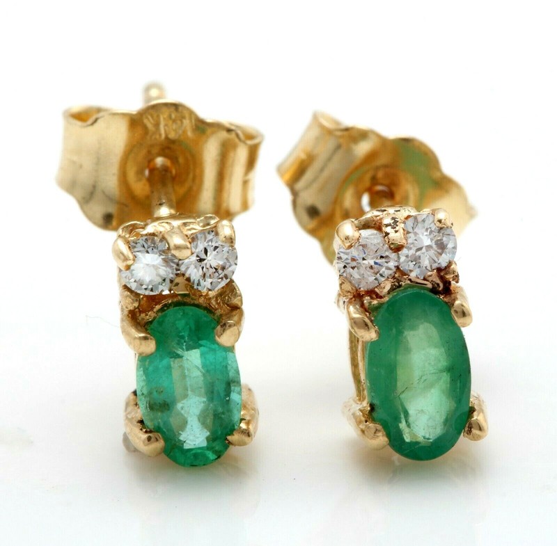 1.60 Carat Natural Emerald and Diamonds in 14K Solid Yellow Gold Stud Earrings