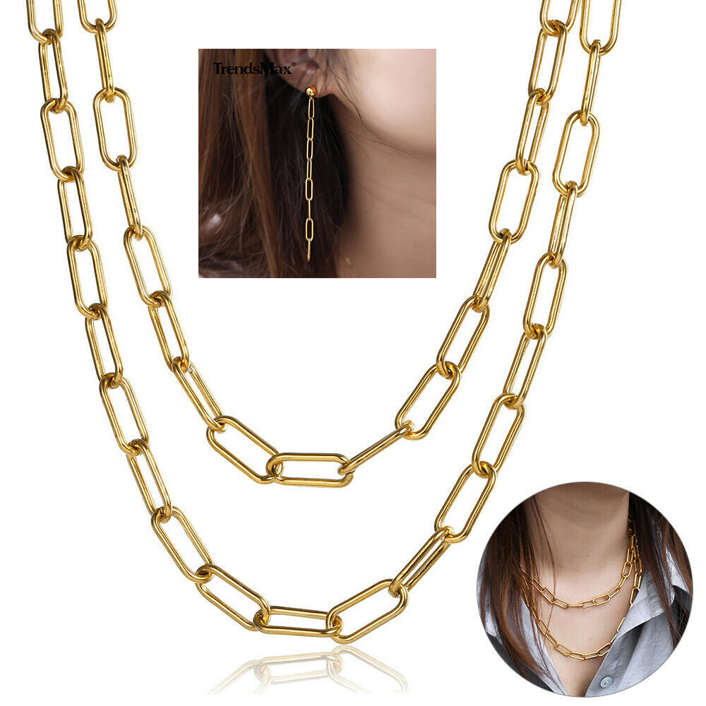 4/7MM Gold Plated Stainless Steel Paperclip Chain Necklace Cross