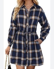 Blooming Jelly  Plaid Flannel Shirt Dress With Puff Sleeves & Drawstring Waist S