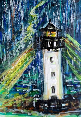 ORIGINAL ACEO Painting LIGHTHOUSE Night Storm Rain Ocean Waves Light Sea ATC ART
