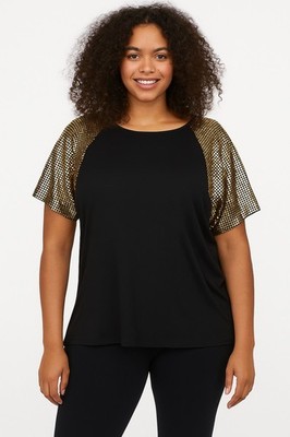 Ashley Stewart NWT Black With Gold Sequin SS Top Shiny Glam Sz 26/28