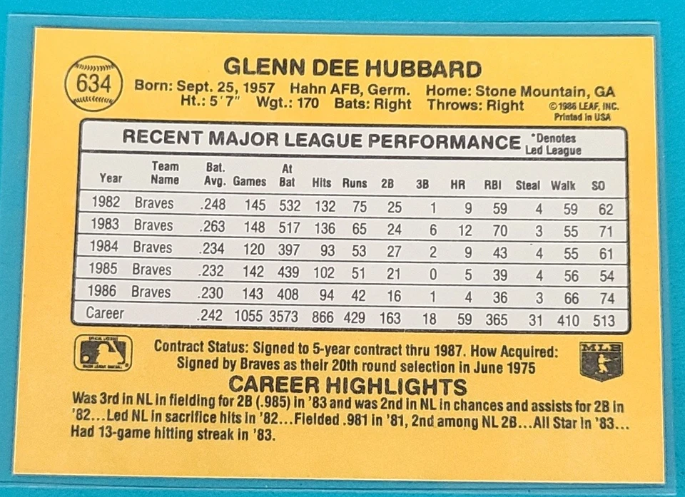 1987 Donruss    #634 Glenn Hubbard Atlanta Braves Baseball Card Q4 - Image 2 of 2