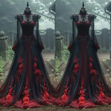 Red Black Gothic Wedding Dresses High Neck Lace 3D Floral Vintage Bridal Gowns