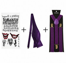 Joker Temporary  Tattoo + Self Bow Tie + BRACES Halloween Dark purple 3pcs set