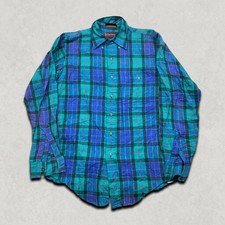 Bachrach Shirt Mens Medium Vintage 90s Plaid Check Long Sleeve Button Up, Teal