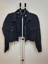 Black Cropped Denim Jacket with Raw Hem US Size 8