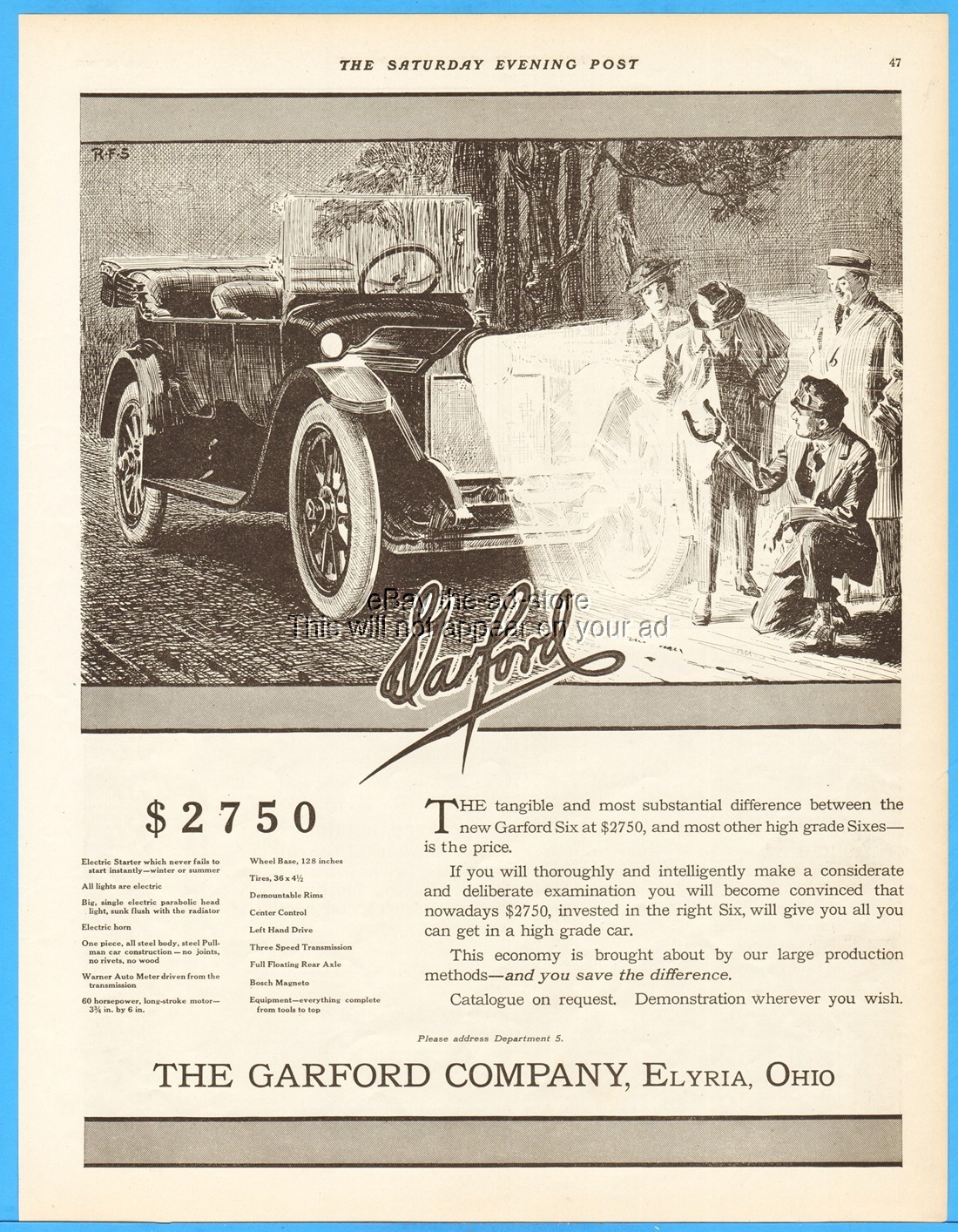1913 Garford Six Elyria Ohio Antique Motor Car Automobile Art $2750 Horseshoe Ad