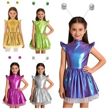 Girls Dresses Metallic Alien Costume Photo Shoot 2Pcs Kids Ruffled Dress Up
