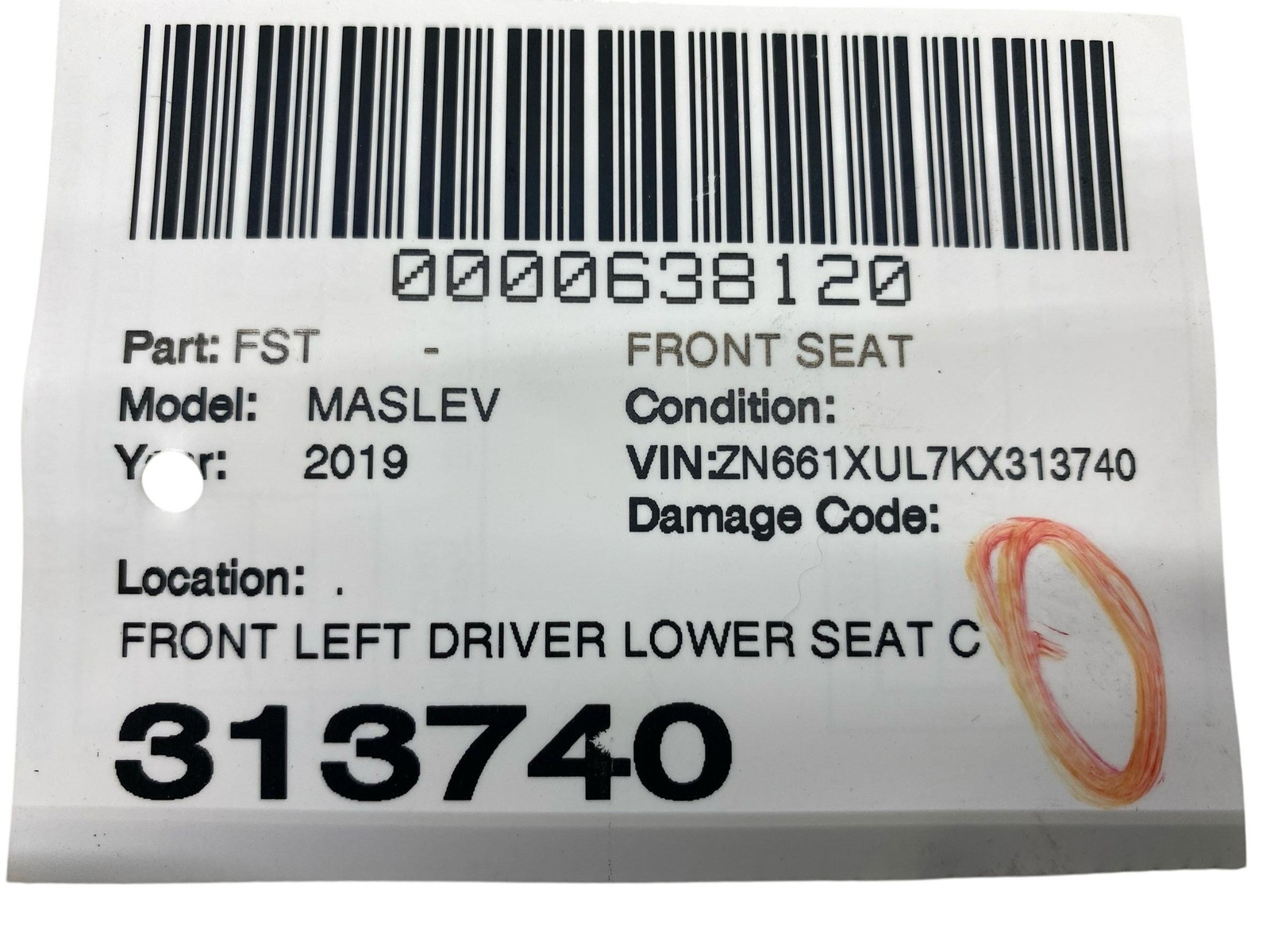 2017-2024 MASERATI LEVANTE FRONT LEFT DRIVER LOWER SEAT CUSHION BLACK LEATHER