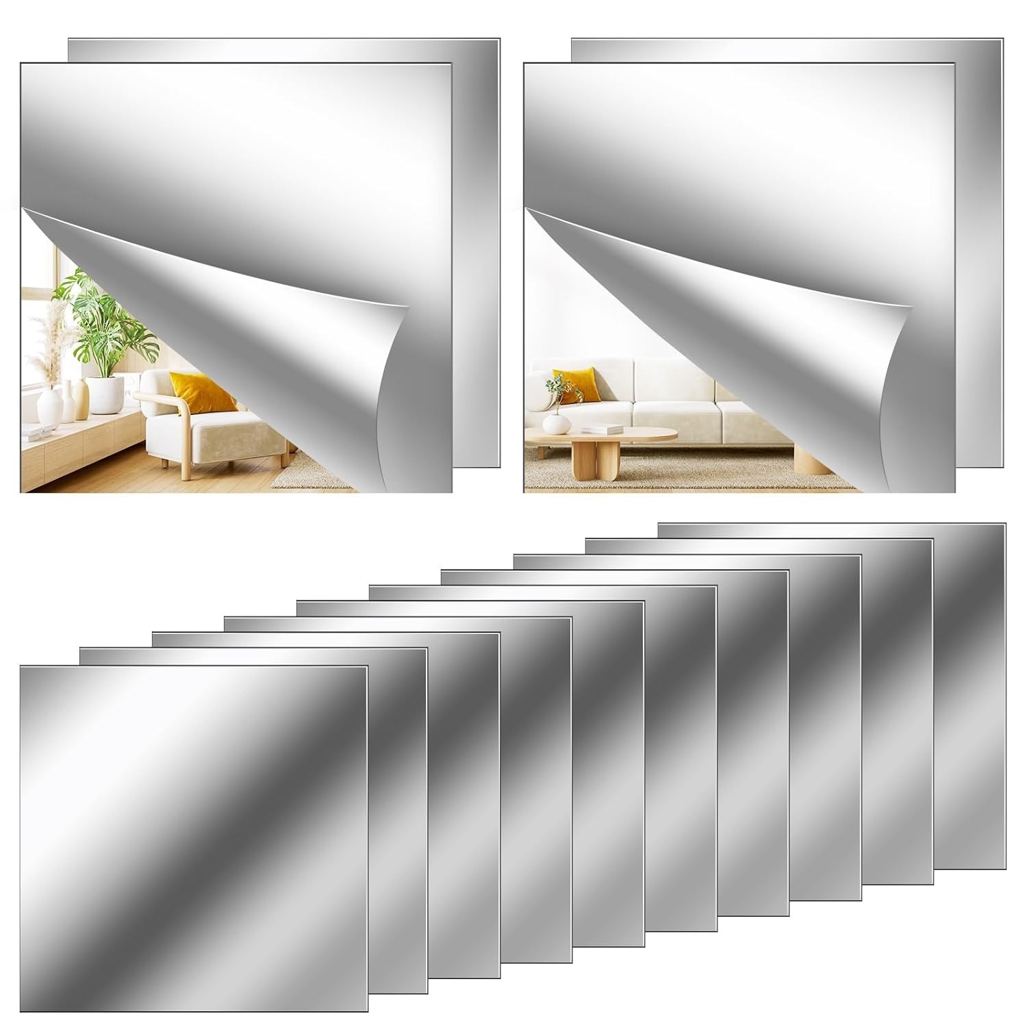 12Pack 12x12 Inch Acrylic Flexible Mirror Sheets Self-Adhesive Mirror Wall Tiles