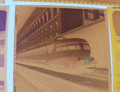 21 ORIG 1940s+ Mixed b/w & color Photo Negatives Trolley Streamline LOCOMOTIVE!