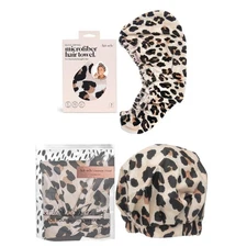 Kitsch Microfiber Hair Towel Wrap & Luxury Reusable Shower Cap (Leopard) Bund...